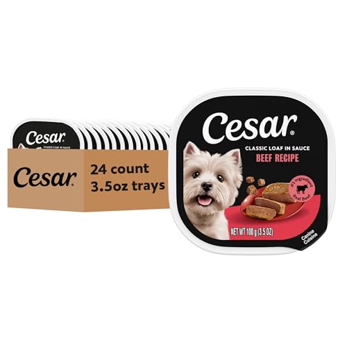 Image of Cesar Classic Loaf in Sauce Wet Dog Food, Beef Recipe, 3.5 oz, 24 Count | Real beef #1 ingredient, Made in USA, Easy peel trays, no fillers /added sugar /artificial flavors, use as meal or topper