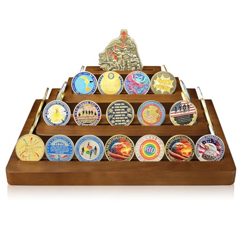 Soporte exhibidor para monedas 4 niveles de madera sólida miniatura 7