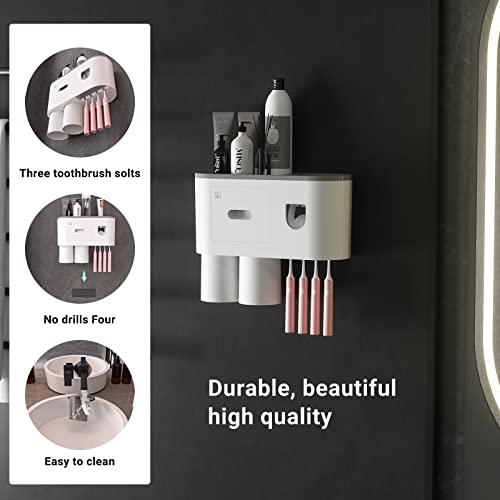 Aeakey Wall-Mounted Toothbrush Holders With Automatic Toothpaste Dispenser - Multifunctional Space-Saving Design With Squeezer, 4 Brush Slots, 2 Cups, And Drawers For Bathroom Organization #TOP3