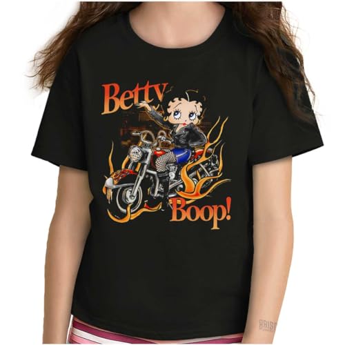Biker Betty Boop Flaming Motorcycle Girls Kids T Shirt Tees