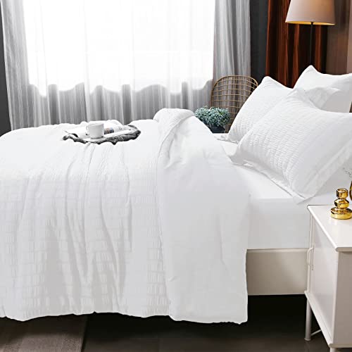 Hymokege White Queen Comforter Set Seersucker 8 Pieces, All Season Luxury Bed In A Bag For Bedroom, Bedding Set With Comforters, Sheets & Skirt, Pillowcases & Shams #TOP4