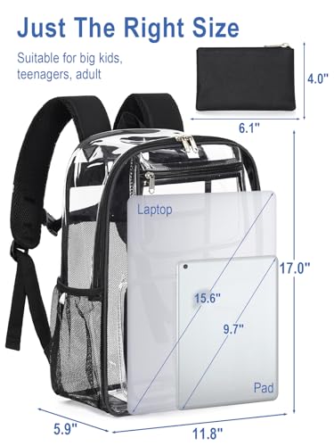 Image of Heavy Duty Clear Backpack For School, 17 Inch Clear Bookbag For Kids Boys Girls Women Men, Large See Through Backpack With An Extra Pouch Accessories, Tranparent Bag, College Sport Work, Black