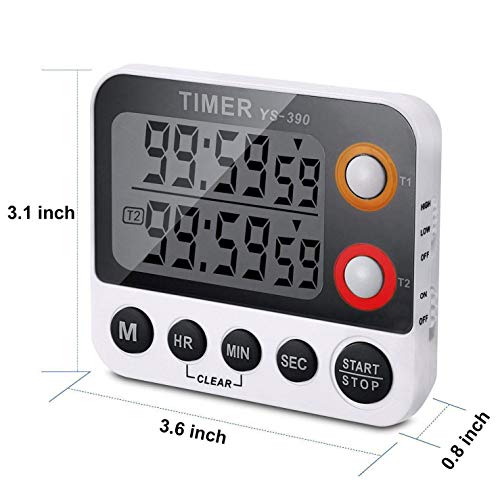 KaKille Digital Timer 100 Hour Dual Count Down and Count Up Kitchen Timer with Magnet Hanging Bracket Large LCD Display Loud Alarm