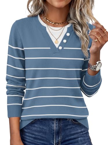 Striped Sweater Women Sueters de Mujeres Casuales Vacation Outfits Blue XL