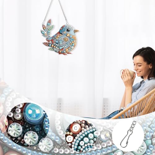 Image of Large Hanging Diamond Art Kits For Adults, Bird Diamond Art Suncatcher Kits | Special Shaped Diamond Painting Hanging, DIY 5D Crystal Diamond Art Pendant Kit, Window Suncatchers Craft