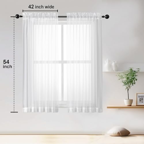 Image of OWENIE Sheer White Curtains Living Room 54 inches Long, Rod Pocket Curtain Sheers Bedroom, Light Filtering Voile Panels Drapes Small Window Treatments 2 Panels, 42 inch W x 54 inch L, White