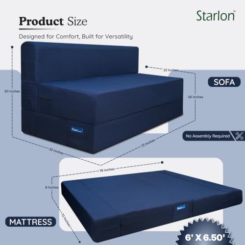 Image of Starlon 3 Seater Foldable Sofa Cum Bed 3-in-1 with 2 Geometrical Pattern Pillows, Washable Jute Fabric Cover, Space Saving Guest Bed, Royal Navy Blue 6x6.5 Ft