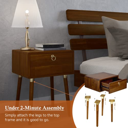 Image of Bme Caden Solid Wood Nightstand /Side Table /End Table, Fully Assembled, with 1-Drawer for Mid Century Bedroom and Living Room, Dark Chocolate