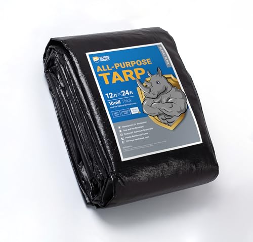GUARD SHIELD Tarps Heavy Duty Waterproof 12x24 Feet Black Poly Tarp Cover Square Outdoor Thick UV Resistant Tarpaulin with Grommets 10mil