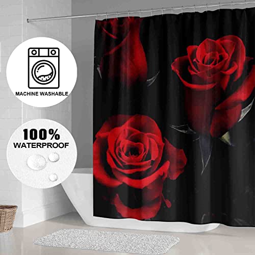 4PCS Red Rose Shower Curtain Sets with Non-Slip Rugs,Toilet Lid Cover and Bath Mat Waterproof Polyester Fabric Shower Curtains for Bathroom with 12 Hooks Three Red Rose Bathroom Decor Sets 71"x71"