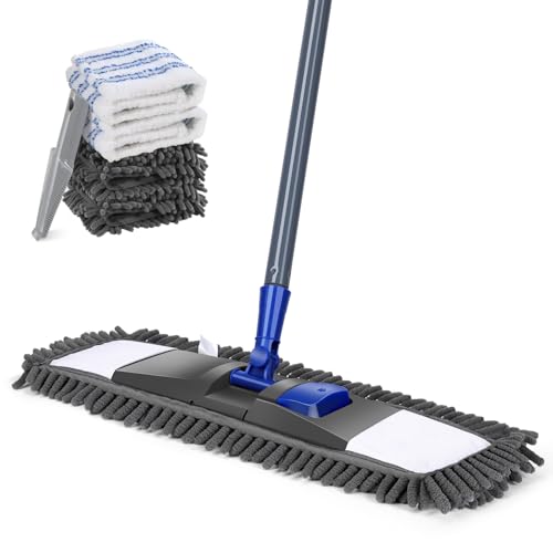 Masthome Wischmopp,Bodenwischer Set mit 4 Wischpads,Chenille Flachmopp mit 128cm Griff,Mikrofaser Wischmop, Wischer Boden für Hartholz, Laminat, Fliesenboden, Senden 1 Schaber