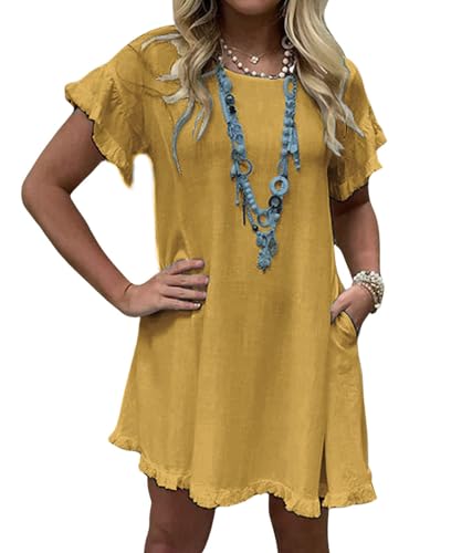 CHARTOU Women Loose Linen Mini Dress Summer Modest Frayed T Shirt Flowy Ruffle Short Sleeve Shift Dress Pocket