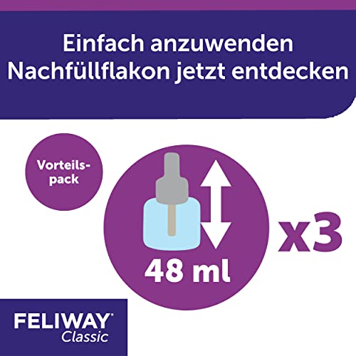 FELIWAY Classic Vorteilspack für Katzen | 3x Nachfüllflakon (neu) | Pheromone zur Reduktion von Stressverhalten | kontinuierliche Entspannung für Ihre Katze | 3x 48ml