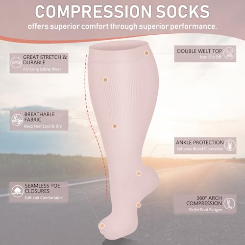 Image of Diu Life 3 Pairs Plus Size Compression Socks for Women and Men Wide Calf Extra Knee High Support for Circulation