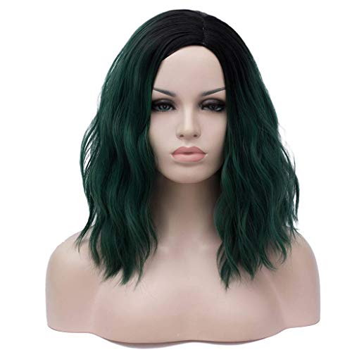 Aicos Fashion 35cm Short Curly Full Head Wig Heat Resistant Daily Dress Carnival Party Masquerade Anime Cosplay Wig +Wig Cap (Black Ombre Dark Green)