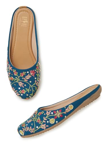 Image of OPIVE's Mehandi Women's Mojari Jutti Ethnic Punjabi Juttis Traditional Flat Embroidered Canvas Fancy Bellies Comfortable Sole for Womens & Girls