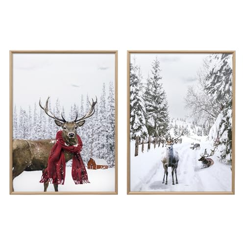 ArtbyHannah Framed Christmas Canvas Wall Art Decor Set of 2, Xmas Pictures Prints Paintings for Living Room Bedroom, Winter Snowy Holiday Home Indoor Decorations with Reindeer and Tree (12x16 Inch)