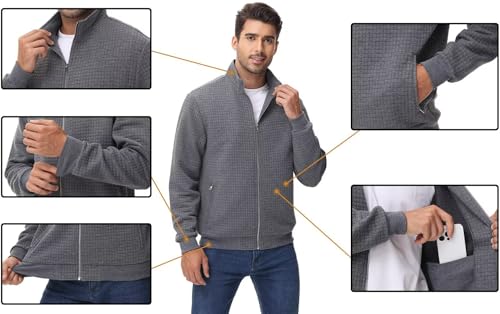 Satankud Men's Jacquard Waffle PlaidCloth Bright Metal Zipper Lightweight Jacket3