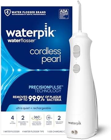Waterpik Cordless Pearl Rechargeable Portable Water Flosser for Teeth, Gums, Braces Care and Travel, Extra Quiet, 4 Flossing Tips - ADA Accepted, WF-13 White, Amazon Exclusive