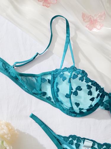 Image of Lilosy Sexy Underwire Cute Push Up Strappy Embroidered Mesh Sheer Lingerie Set See Through Panty Bra