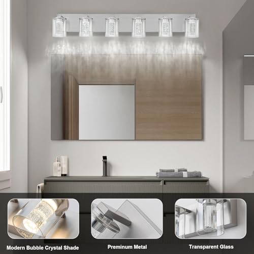 Image of SineRise Bathroom Vanity Light with 3 Color Modes (3000K /4000K /6000K), Eye Protection LED Bathroom Light Fixture, Dimmable Modern Wall Light Over Mirror with Clear Glass Shade (Nickel, 6-Light)