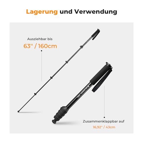 K&F CONCEPT MS16 Einbeinstativ, 63 Zoll Monopod,Stabiles Aluminium-Einbeinstativ mit 5 Sektionen,160cm Reiseeinbeinstativ für DSLR, DSLM und Kompaktkameras,Mit Handschlaufe