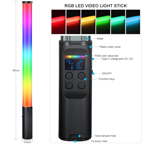 NovelGoal Fill Light Selfie Stick Light Handheld RGB Light Tube Atmosphere LED Video Light with Tripod for Photography Video Live Vlogging (with Display,Without Tripod)