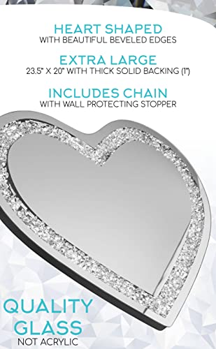 Glamb - Large Heart Shaped Mirror For Wall Decor (20Hx23.5W) - Silver Crystal Crush Infinity With Shiny Diamond Effect - Fashion Heart Mirror Girls Room Vanity Décor. True Heart Shape Glass. #TOP5