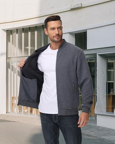 Image of YuKaiChen Mens Lightweight Bomber Jacket Casual Plaid Jacquard Varsity Jacket Coat with Zipper Pockets