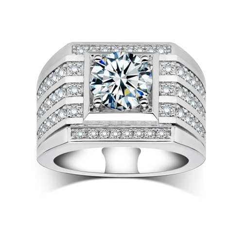 2.8CCTW Mens Moissanite Wedding Bands, D Color 18K White Gold Plated Sterling Silver,Round cut 3 rows Anniversary Band Ring for Men‘s Gift