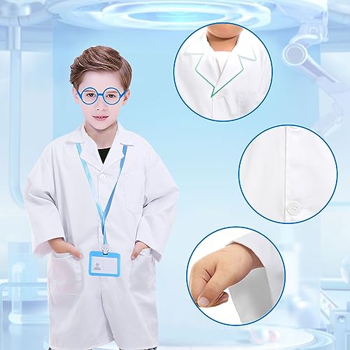 SKHAOVS 7 Pcs Scientist Costume Set for Kids, Lab Coat with Blue Glasses Dropper Lanyard with Card Holder, Doctor Scientist Fancy Dress for Role Play, Laboratory Learning, School Projects (White) - Image 3