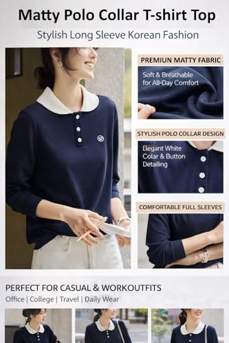 Image of Women's Polo T-Shirt | Long Sleeve Casual T-Shirt | Soft Comfortable Korean Style Trendy Top for Women