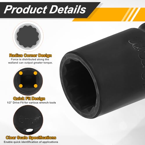 Image of HARFINGTON 2pcs 1 /2 inch Drive x 16mm Shallow Impact Socket 12-Point Metric CR-V Steel Spindle Nut Impact Flip Sleeve for Home Auto Nuts Bolts Repair