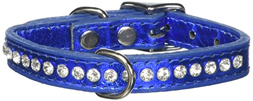 Image of Signature Leather Crystal Dog Collar, Metallic Blue Solid Grain Leather, Fits 7.5 inch-9.5 inch Neck Size, 12 inch Overall Length