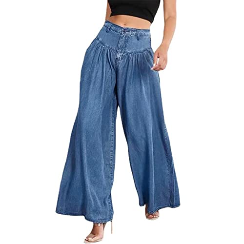 Conshvi Casual High Waist Wide Leg Jeans for Women Loose Elastic Waist Palazzo Denim Long Pants