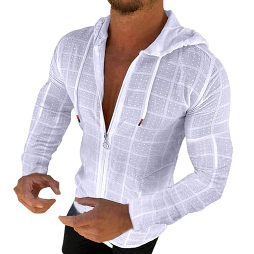 Mens Slim Fit Long Sleeve Hoodie Lightweight Full Zip Drawstring Hooded Plaid Cardigan Tops Casual Beach T Shirts