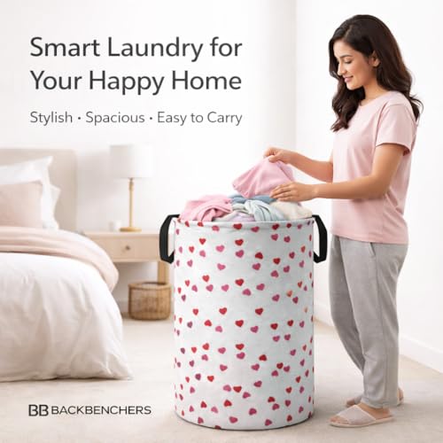 Image of Printed Laundry Basket 48L | Foldable Storage Bag with Handles | Multipurpose Clothes Hamper for Bedroom, Bathroom & Dorm | Non-Woven Fabric (Heart Print) | Grey | Pack of 1