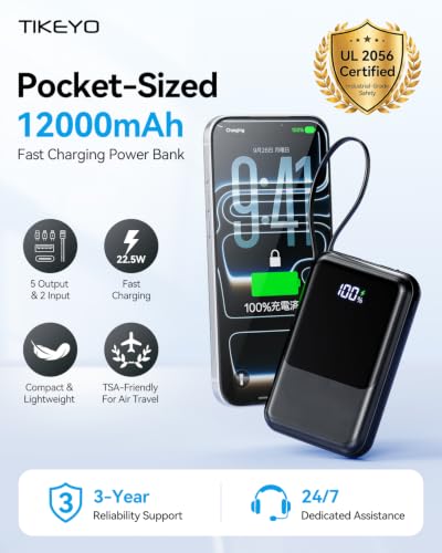 Tikeyo Portable Charger Power Bank 12000mAh(22.5W, Built-In Cables) Smaller | Charge 5 Devices,LED Display,Flight-Safe, Travel Essentials, Flashlight, for iPhone 17/16/15/14, Samsung, Switch and more - image 2