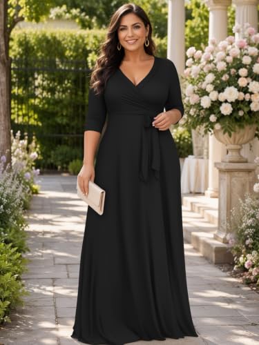 Image of Plus Size Maxi Dress for Women V Neck 3 /4 Sleeve Wrap Dresses