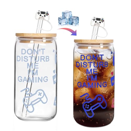 ANOTION Farbwechselnde Gamer-Kaffeetasse, 532 ml, Gaming-Tasse, Glasbecher mit Deckel und Strohhalm, Weihnachtsgeschenke für Freund, Teenager, Jungen, Männer, cooles Gaming-Zubehör