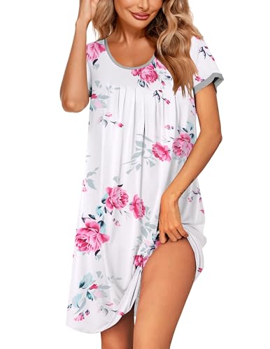 Image of Ekouaer Women's Nightgown Short Sleeve Sleepwear Comfy Sleepshirts Pleated Scoopneck Nightshirt S-XXXL