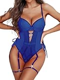 Aranmei Damen Dessous Sexy Goth Leder Patchwork Netz Bodysuit Einteiler Teddy Korsett Bodysuit Oberteile, blau, 46