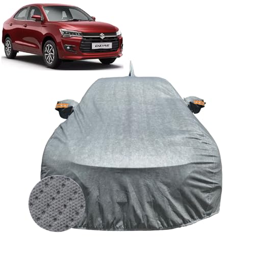Image of Car Cover for Maruti Suzuki Dzire (2024-2026) | 100% Waterproof Cover with Antenna & Reflective Mirror Pockets | Dustproof, Scratchproof, Heatproof Dzire Car Cover |Soft Cotton Lining| Grey