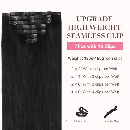 Image of GOO GOO Seamless Clip in Hair Extensions Real Human Hair Remy Extensions | 130g Ultra-Thin PU Edge for Invisible Look Instant Volume Length Beginner Friendly Daily Wear, 18inch 7Pcs #1B Natural black