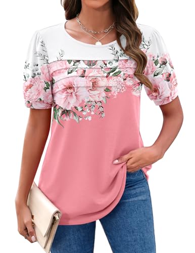 Zeagoo Dressy Tops for Women 2025 Short Sleeve Tshirt Shirt Pink Flower Floral Blouse Loose Fit Pleated Crewneck Summer Clothing
