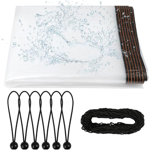 Transparent Tarpaulin 2x2m PE Clear Tarp with Eyelets Waterproof Heavy Duty Windproof Tear Resistant 5m Rope and 5 Bungees Ball Cords for Garden Gazebo Pergola Greenhouse Outdoor