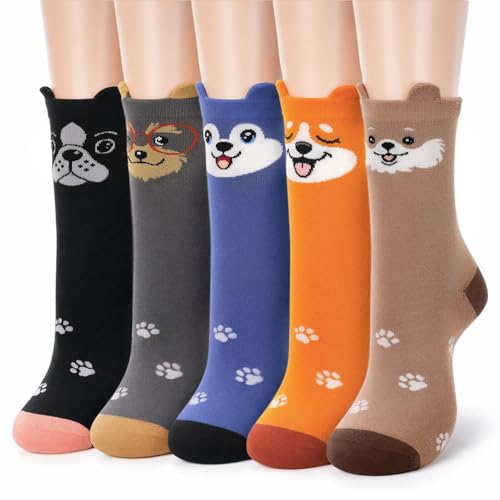 scenicamp 5 Pairs Cute Dog Socks for Women Funny Animals Socks Novelty Fun Crew Socks Gifts for Animal Lovers(Dog)
