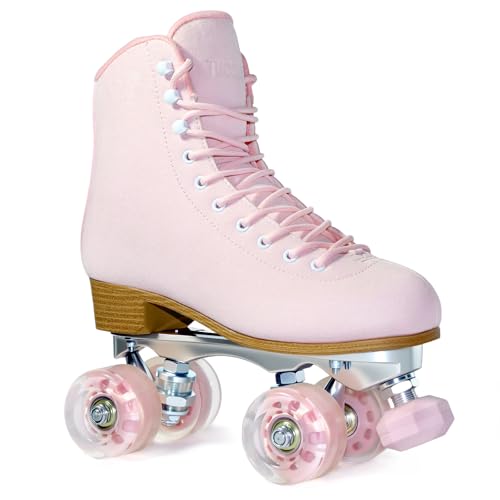 Roller Skates for Women or Men with Height Adjustable Rubber Stoppers Retro Suede Quad Roller Skates for Outdoor and Indoor (Pink 8)