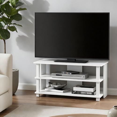 Image of Furinno Sully TV Stand, 3-Tier Rectangular Entertainment Center with Shelf, TV Console for TV up to 40 Inch, Open Frame for Cable Management, for Living Room, Bedroom, White