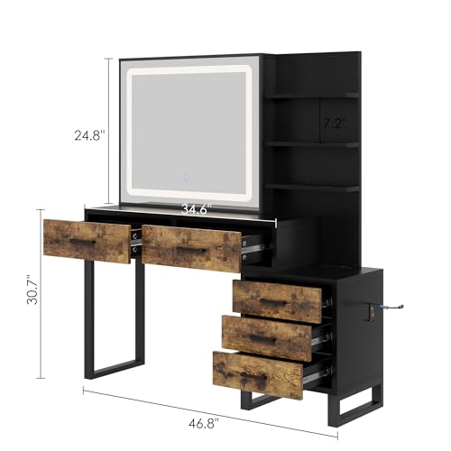 Garvee 46.8'' Vanity Desk with Mirror, LED Lights and Power Outlet, Makeup Vanity Table with 5 Drawers and 3 Storage Shelves, Dressing Table with Gold Handle for Bedroom, Dressing Room (White)